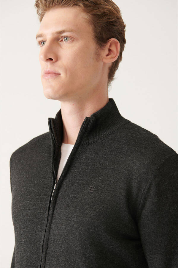 Men's Anthracite Wool Blend Half Zip Stand Collar Regular Fit Cardigan E005018 - 7