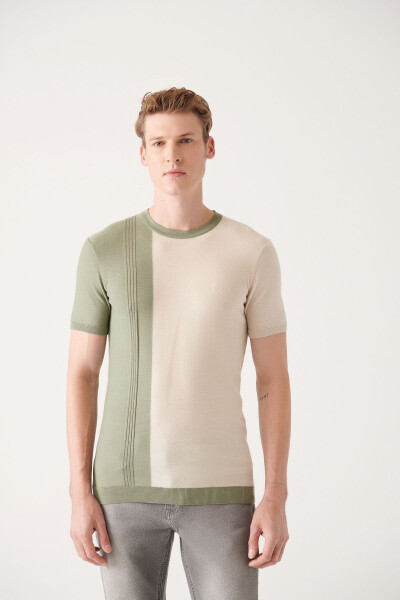 Men's Aqua Green Crew Neck Color Block Ribbed Regular Fit Knit T-shirt A31y5123 - 6