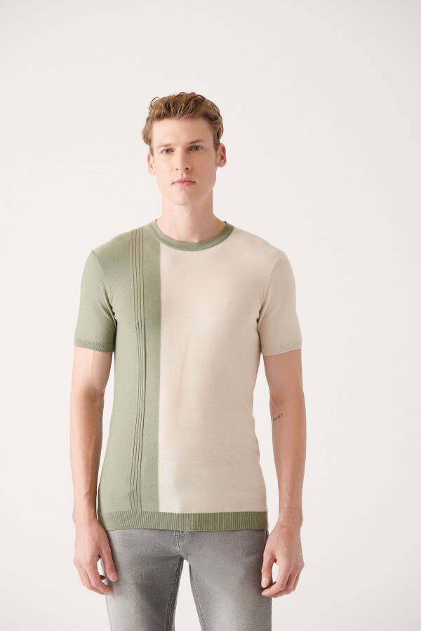 Men's Aqua Green Crew Neck Color Block Ribbed Regular Fit Knit T-shirt A31y5123 - 6