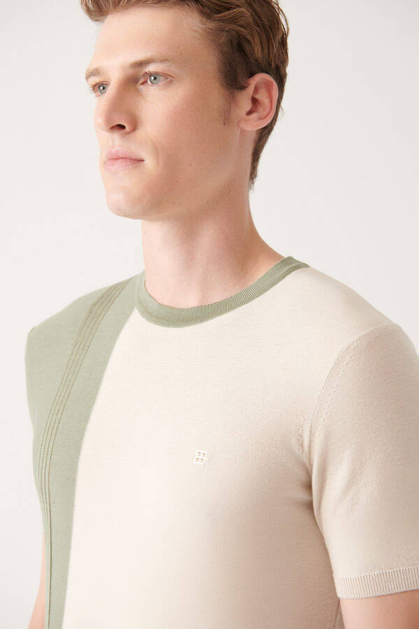 Men's Aqua Green Crew Neck Color Block Ribbed Regular Fit Knit T-shirt A31y5123 - 7