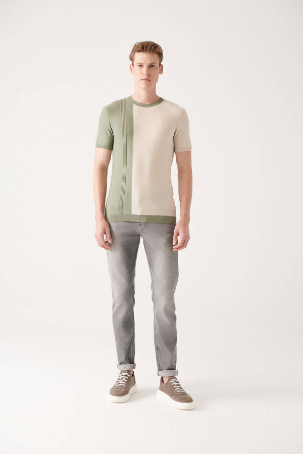 Men's Aqua Green Crew Neck Color Block Ribbed Regular Fit Knit T-shirt A31y5123 - 10