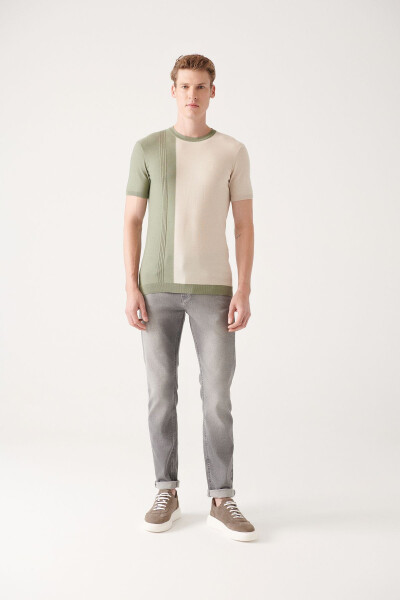 Men's Aqua Green Crew Neck Color Block Ribbed Regular Fit Knit T-shirt A31y5123 - 5