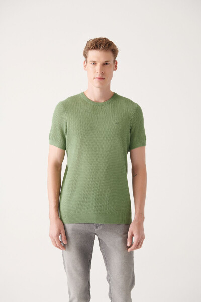 Men's Aqua Green Modal Knit T-shirt Crew Neck Textured Ribbed Regular Fit B005010 - 6