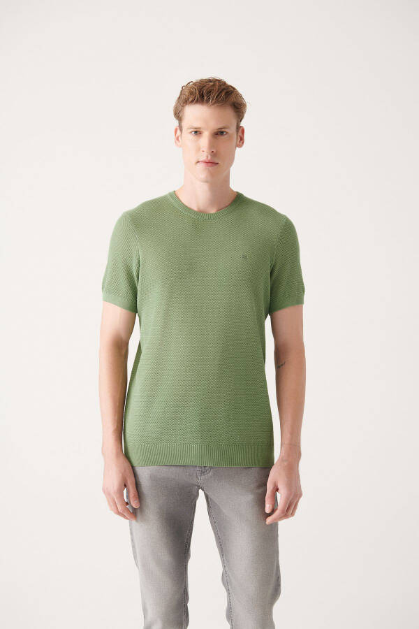 Men's Aqua Green Modal Knit T-shirt Crew Neck Textured Ribbed Regular Fit B005010 - 6