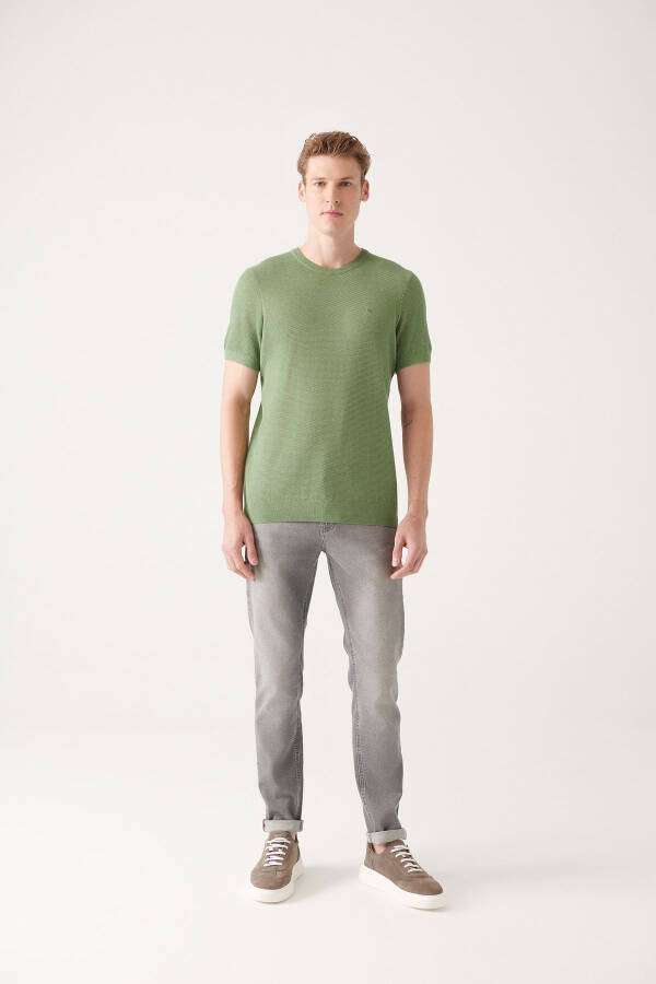 Men's Aqua Green Modal Knit T-shirt Crew Neck Textured Ribbed Regular Fit B005010 - 10