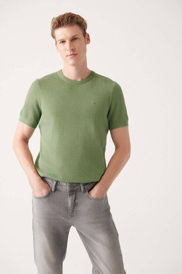 Men's Aqua Green Modal Knit T-shirt Crew Neck Textured Ribbed Regular Fit B005010 - 3