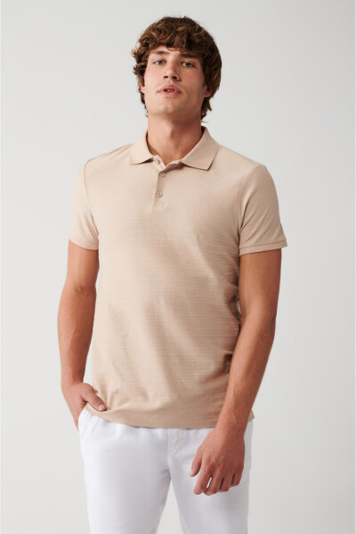 Men's Beige 100% Cotton Jacquard Polo Collar Regular Fit T-shirt A31y1128 - 13