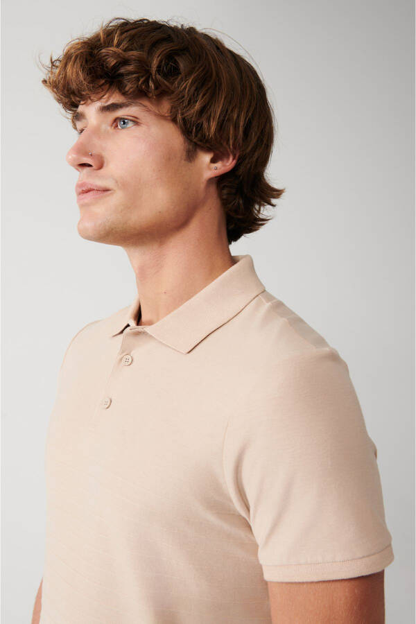 Men's Beige 100% Cotton Jacquard Polo Collar Regular Fit T-shirt A31y1128 - 14