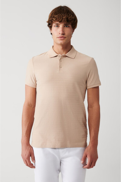 Men's Beige 100% Cotton Jacquard Polo Collar Regular Fit T-shirt A31y1128 - 17