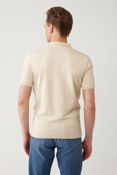 Men's Beige 3-Button Polo Neck Knit T-shirt with Lace Detail Regular Fit A41y5096 - 10