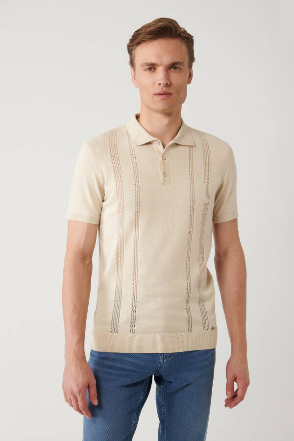 Men's Beige 3-Button Polo Neck Knit T-shirt with Lace Detail Regular Fit A41y5096 - 3