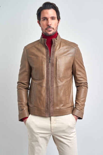 Men's Beige Basic Pocket Leather Jacket - 7