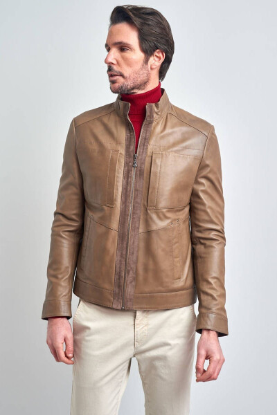 Men's Beige Basic Pocket Leather Jacket - 8