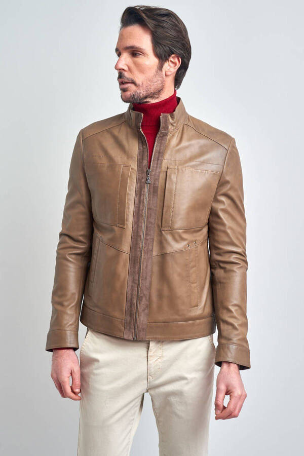 Men's Beige Basic Pocket Leather Jacket - 8