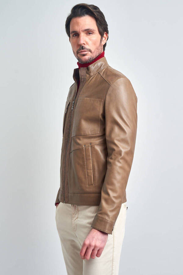 Men's Beige Basic Pocket Leather Jacket - 9