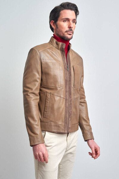 Men's Beige Basic Pocket Leather Jacket - 10