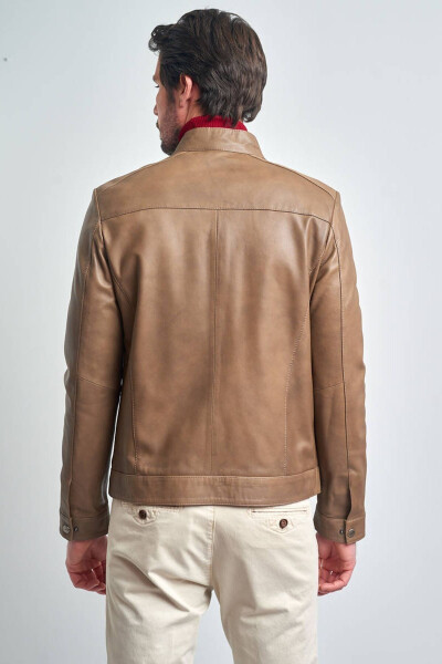 Men's Beige Basic Pocket Leather Jacket - 11