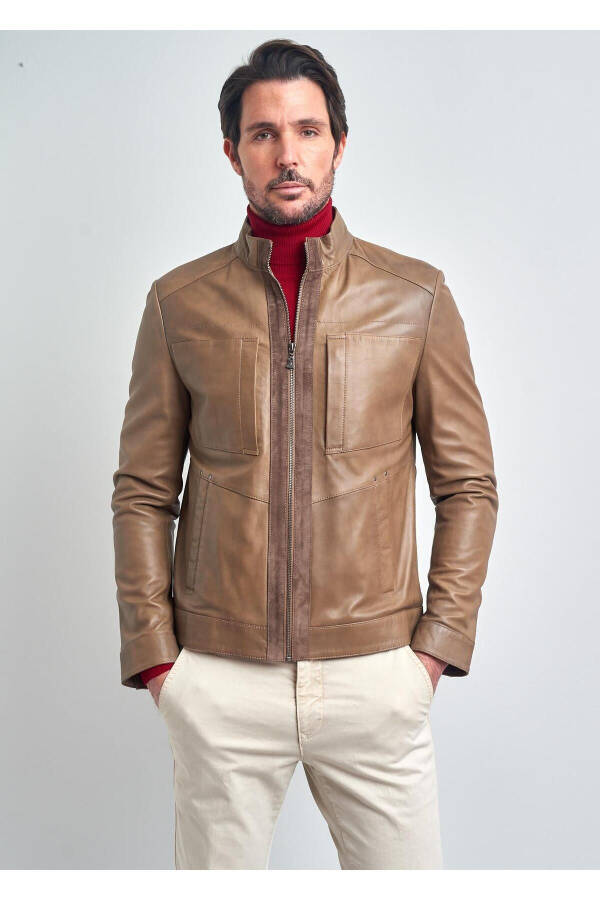 Men's Beige Basic Pocket Leather Jacket - 1