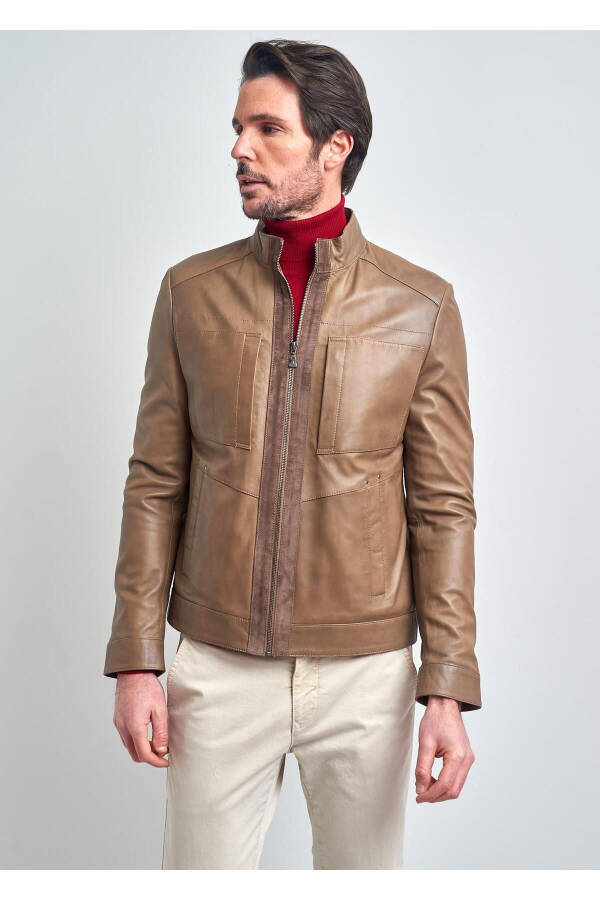 Men's Beige Basic Pocket Leather Jacket - 2