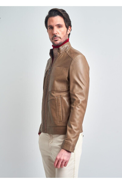 Men's Beige Basic Pocket Leather Jacket - 4