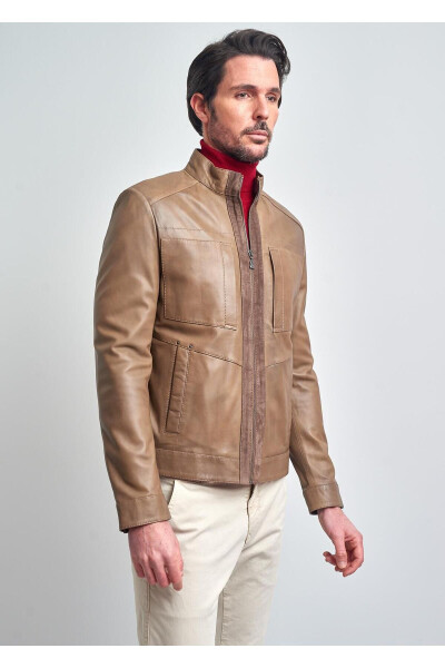 Men's Beige Basic Pocket Leather Jacket - 5