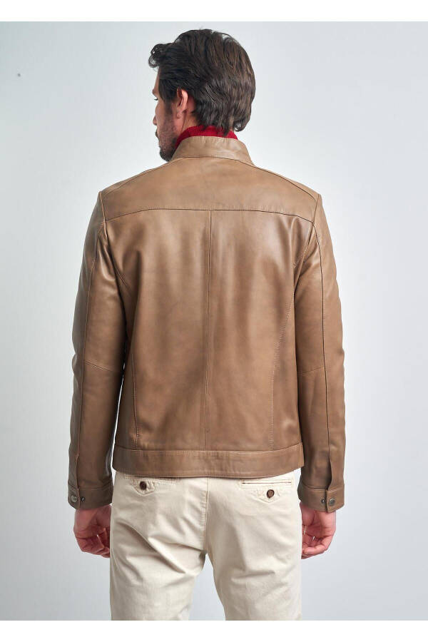 Men's Beige Basic Pocket Leather Jacket - 6