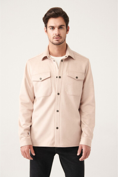 Men's Beige Classic Collar Suede Textured Pocket Button Down Standard Fit Shirt A31y2013 - 1