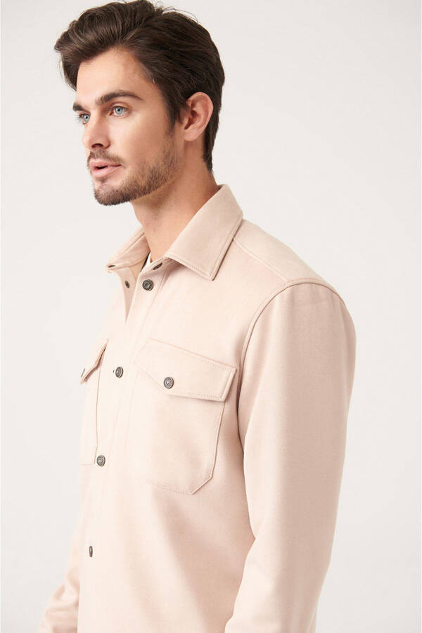 Men's Beige Classic Collar Suede Textured Pocket Button Down Standard Fit Shirt A31y2013 - 2