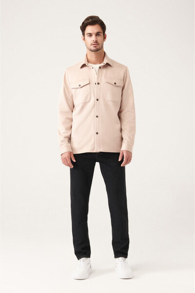 Men's Beige Classic Collar Suede Textured Pocket Button Down Standard Fit Shirt A31y2013 - 5