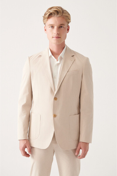 Men's beige cotton blend double-breasted jacket. - 6