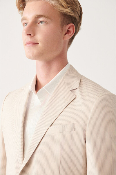 Men's beige cotton blend double-breasted jacket. - 7