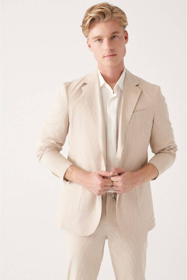 Men's beige cotton blend double-breasted jacket. - 8