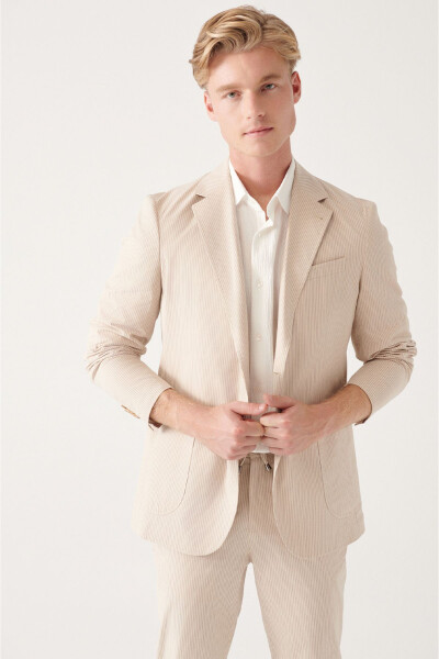 Men's beige cotton blend double-breasted jacket. - 3