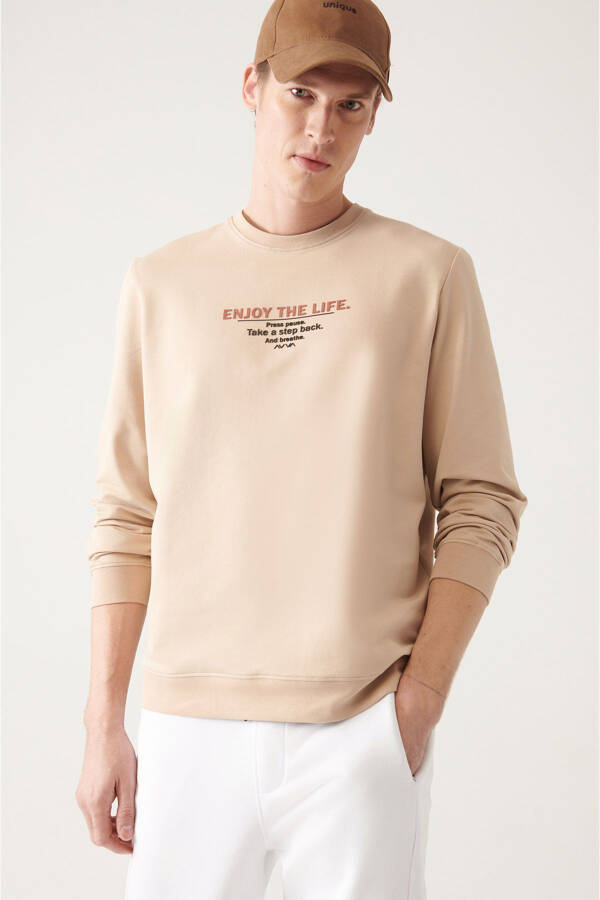 Men's Beige Crew Neck Cotton Printed Regular Fit Sweatshirt - 6