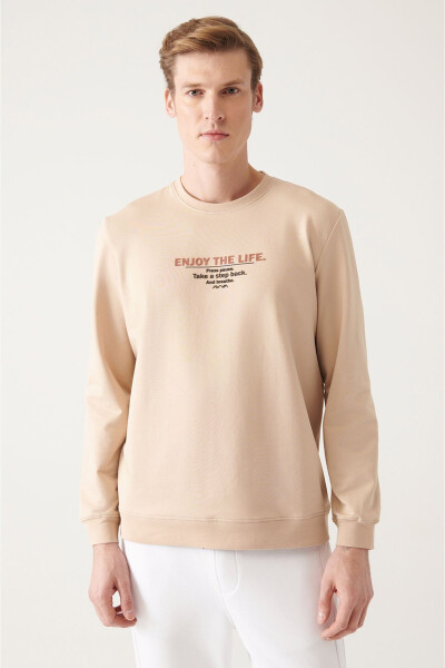 Men's Beige Crew Neck Cotton Printed Regular Fit Sweatshirt - 8