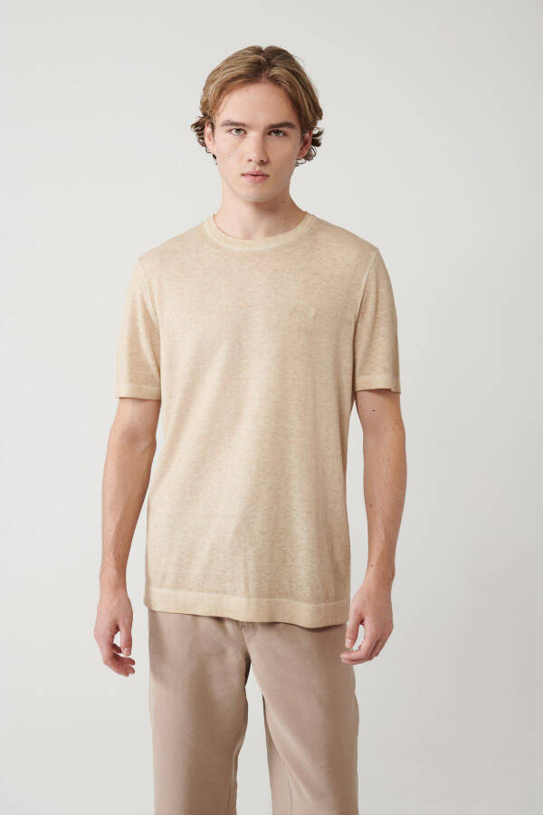 Men's Beige Crew Neck Garment Dyed Paint Effect Regular Fit Knit T-shirt A41y5074 - 7