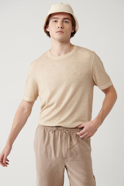 Men's Beige Crew Neck Garment Dyed Paint Effect Regular Fit Knit T-shirt A41y5074 - 9