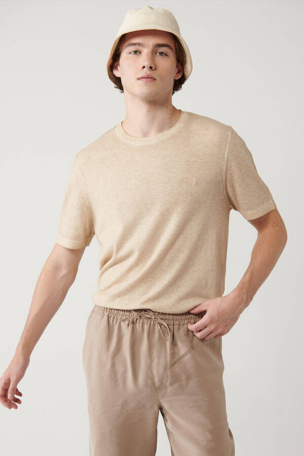 Men's Beige Crew Neck Garment Dyed Paint Effect Regular Fit Knit T-shirt A41y5074 - 9