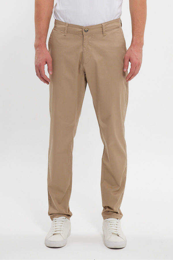 Men's Beige Gabardine Cotton Linen Slim Fit Side Pocket Stretch Chino Pants - 13