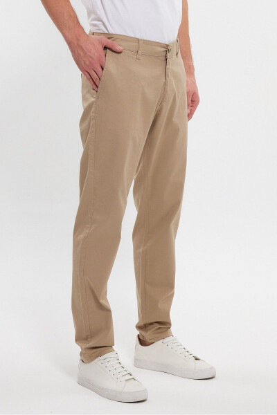 Men's Beige Gabardine Cotton Linen Slim Fit Side Pocket Stretch Chino Pants - 14