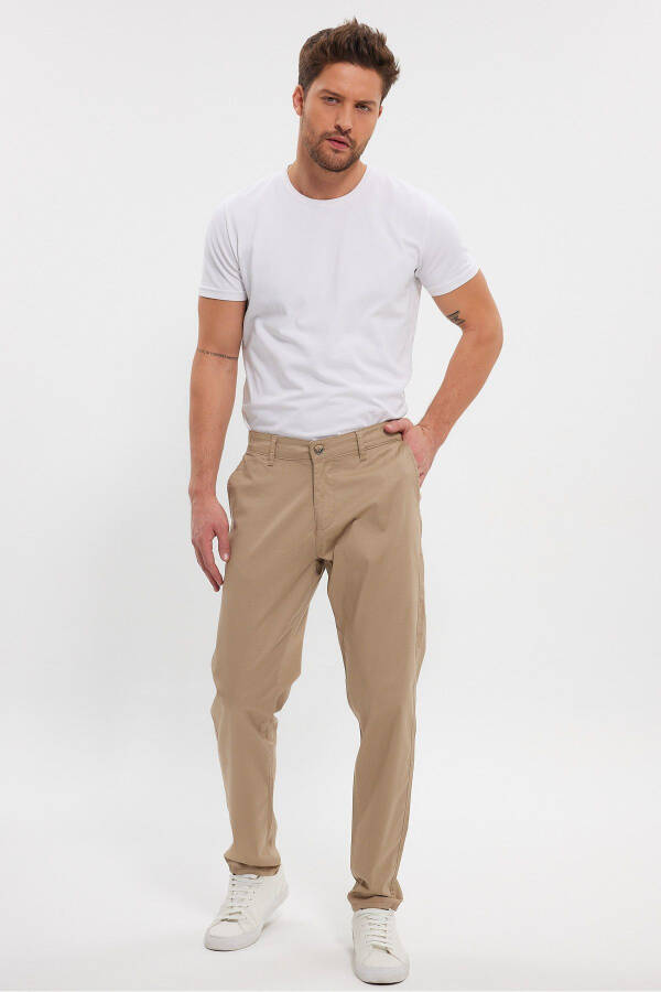 Men's Beige Gabardine Cotton Linen Slim Fit Side Pocket Stretch Chino Pants - 15