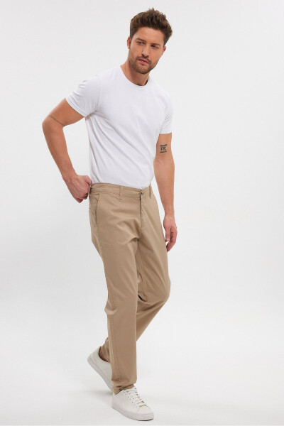 Men's Beige Gabardine Cotton Linen Slim Fit Side Pocket Stretch Chino Pants - 16