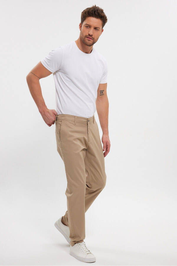 Men's Beige Gabardine Cotton Linen Slim Fit Side Pocket Stretch Chino Pants - 4