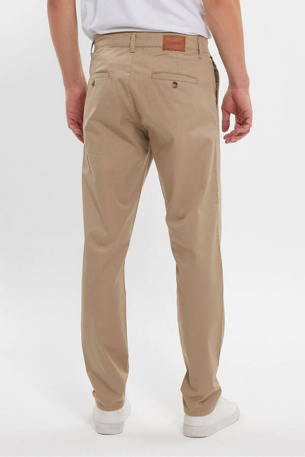 Men's Beige Gabardine Cotton Linen Slim Fit Side Pocket Stretch Chino Pants - 5