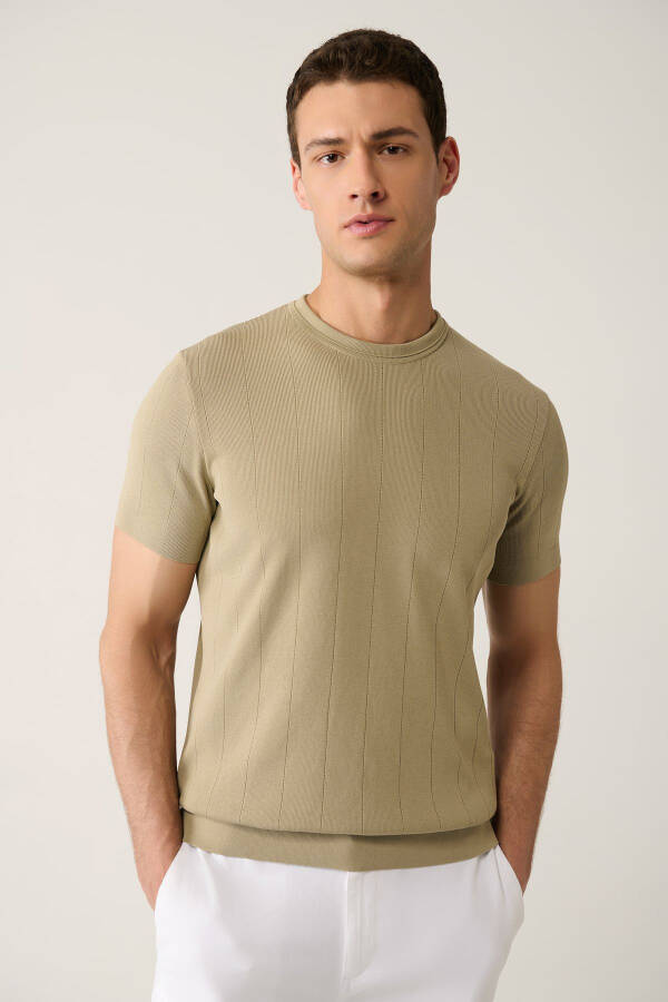 Men's Beige Knit T-shirt Crew Neck Lace Regular Fit A41y5058 - 6