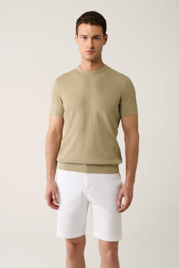 Men's Beige Knit T-shirt Crew Neck Lace Regular Fit A41y5058 - 8