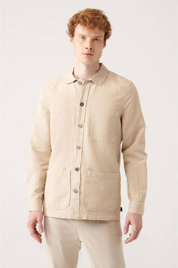 Men's Beige Plain Three Pocket Linen Jacket Shirt A21y6030 - 7