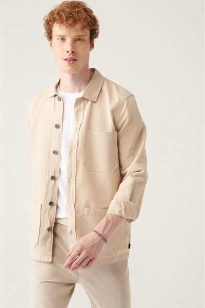 Men's Beige Plain Three Pocket Linen Jacket Shirt A21y6030 - 11