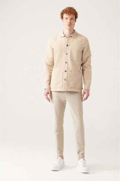 Men's Beige Plain Three Pocket Linen Jacket Shirt A21y6030 - 12