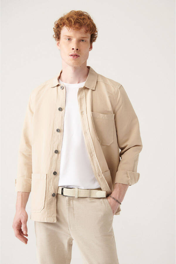 Men's Beige Plain Three Pocket Linen Jacket Shirt A21y6030 - 3